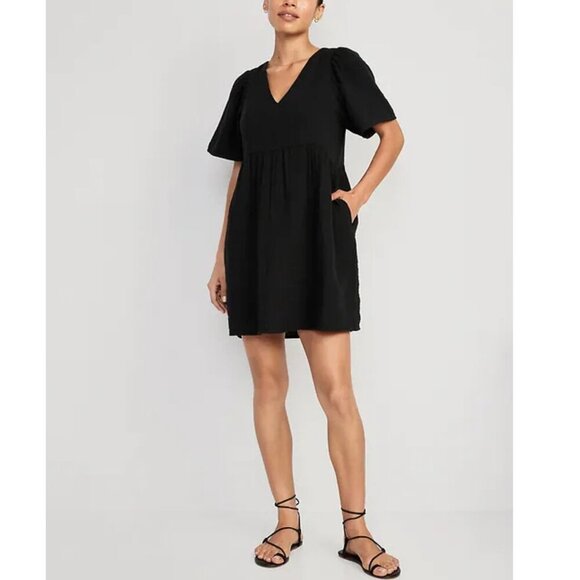 Old Navy Flutter‑Sleeve Textured Mini Swing Dress – Black – NWT – Size XL - Picture 1 of 5